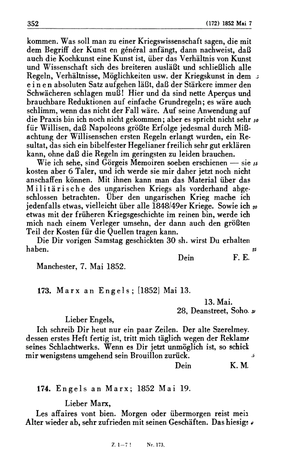 173. Marx an Engels; [1852] Mai 13
174. Engels an Marx; 1852 Mai 19