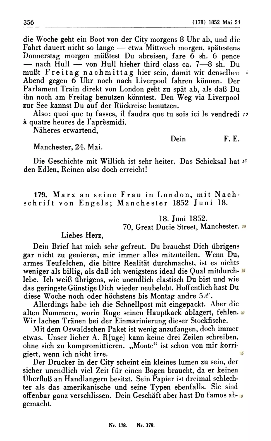 179. Marx an seine Frau in London, mit Nachschrift von Engels; Manchester 1852 Juni 18