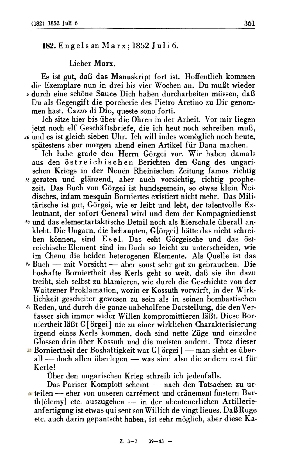 182. Engels an Marx; 1852 Juli 6