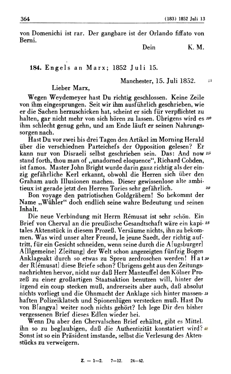 184. Engels an Marx; 1852 Juli 15