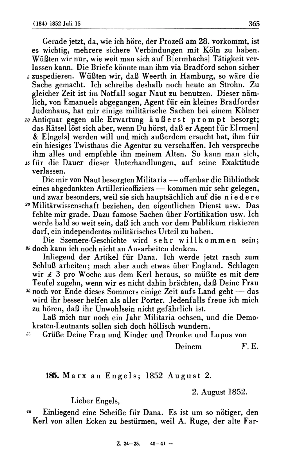 185. Marx an Engels; 1852 August 2