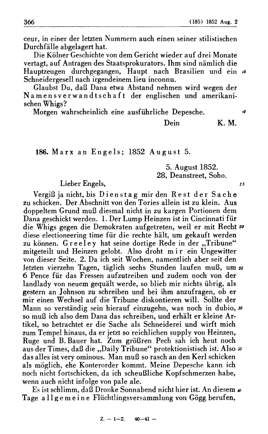 186. Marx an Engels; 1852 August 5