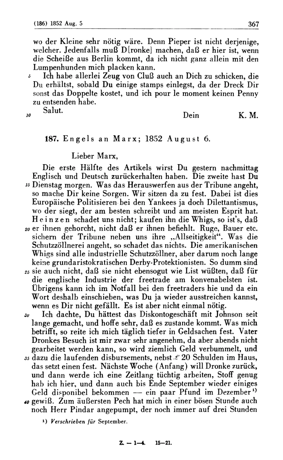 187. Engels an Marx; 1852 August 6