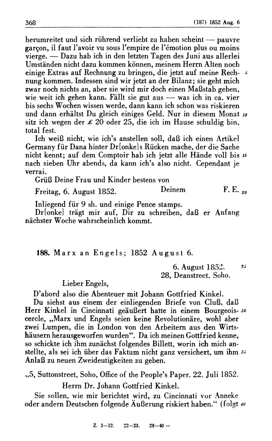 188. Marx an Engels; 1852 August 6