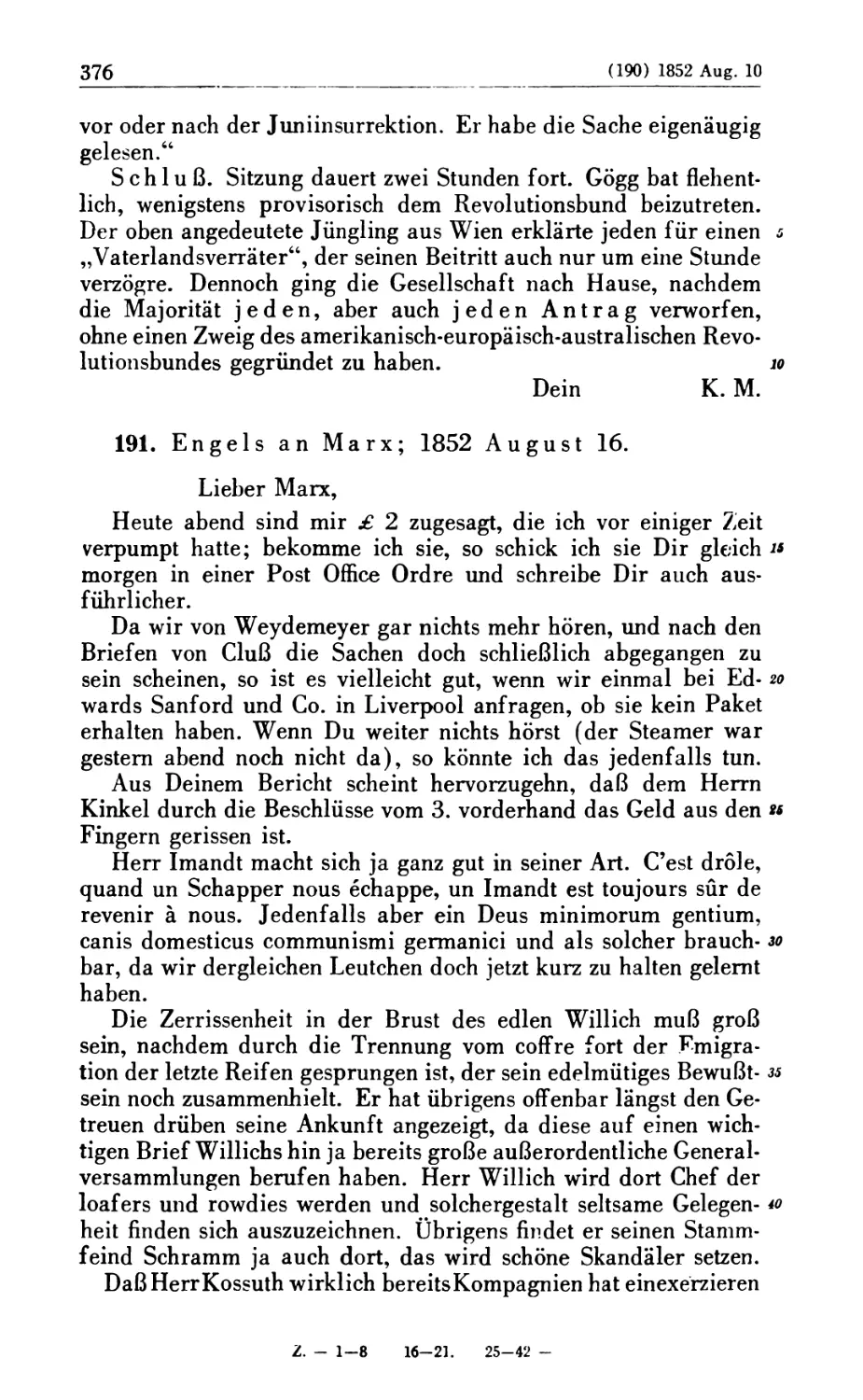 191. Engels an Marx; 1852 August 16