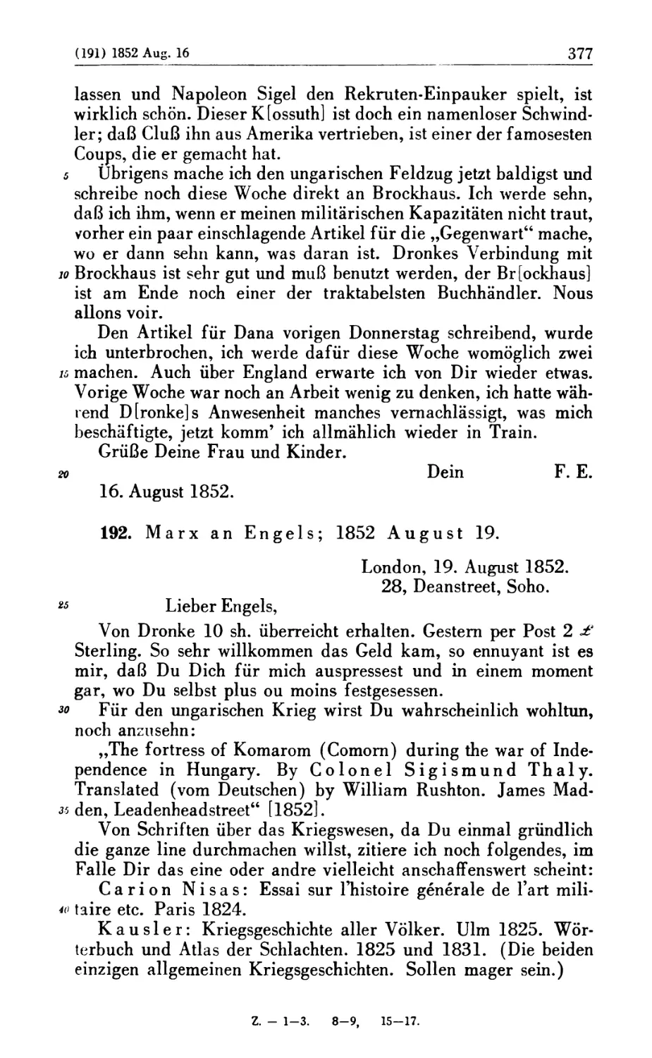 192. Marx an Engels; 1852 August 19