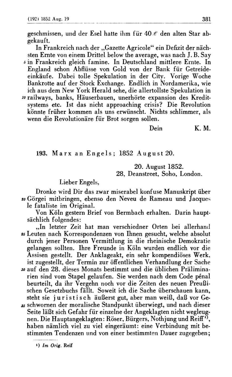 193. Marx an Engels; 1852 August 20