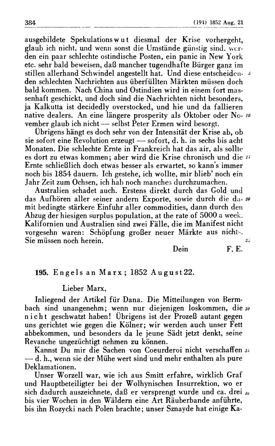 195. Engels an Marx; 1852 August 22