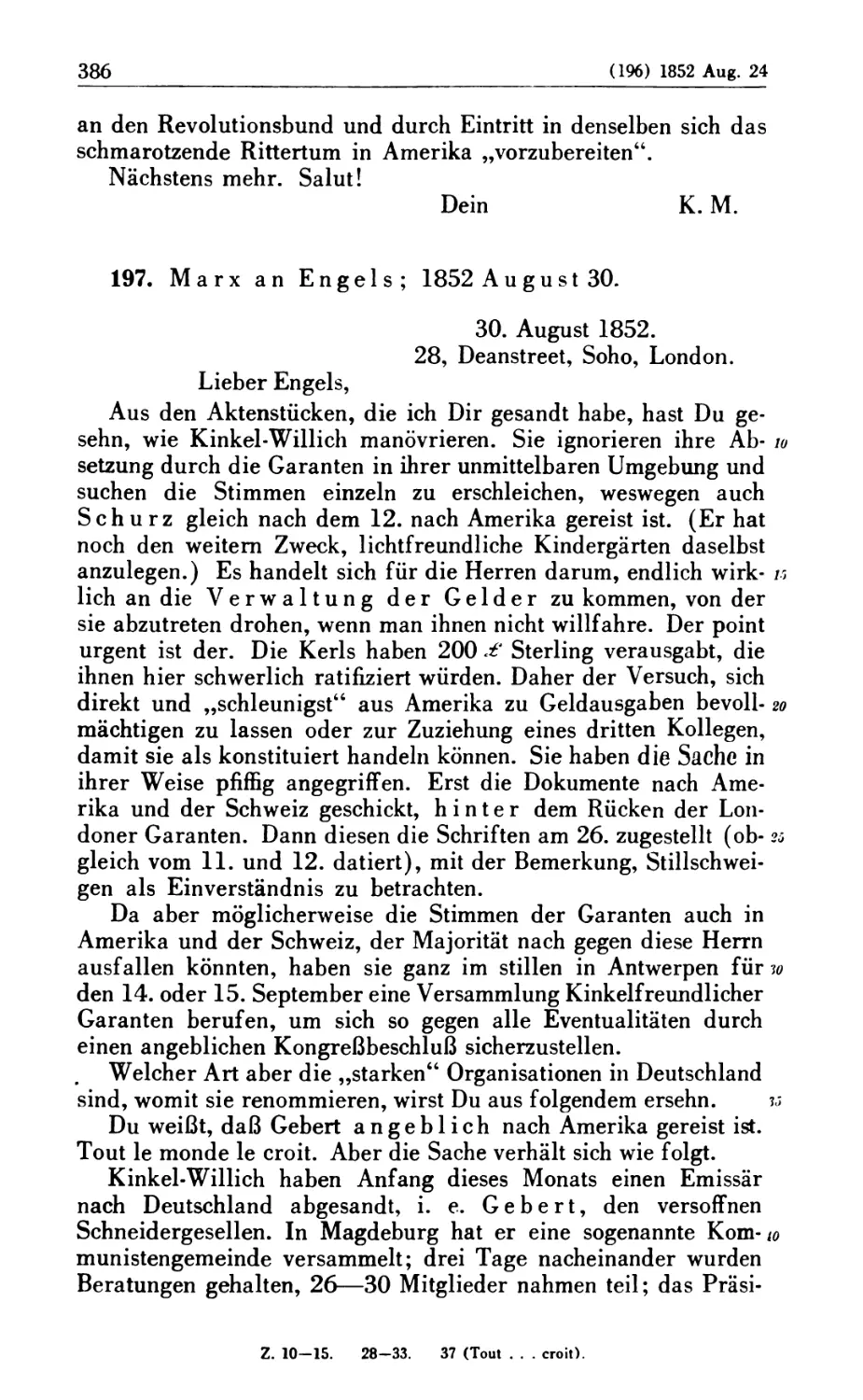 197. Marx an Engels; 1852 August 30