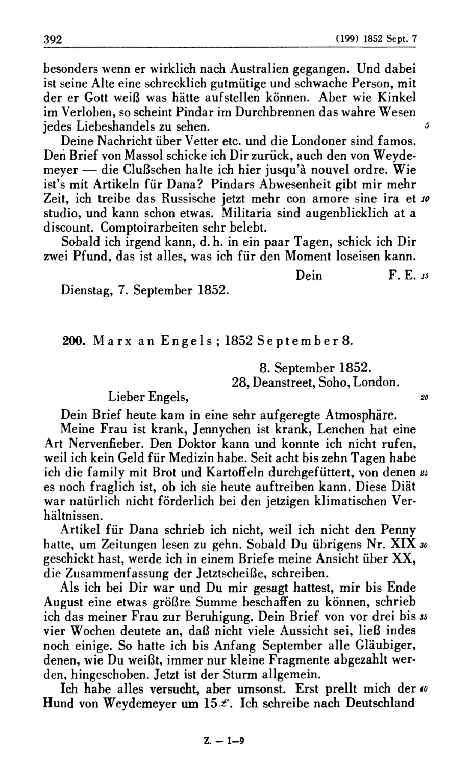 200. Marx an Engels; 1852 September 8