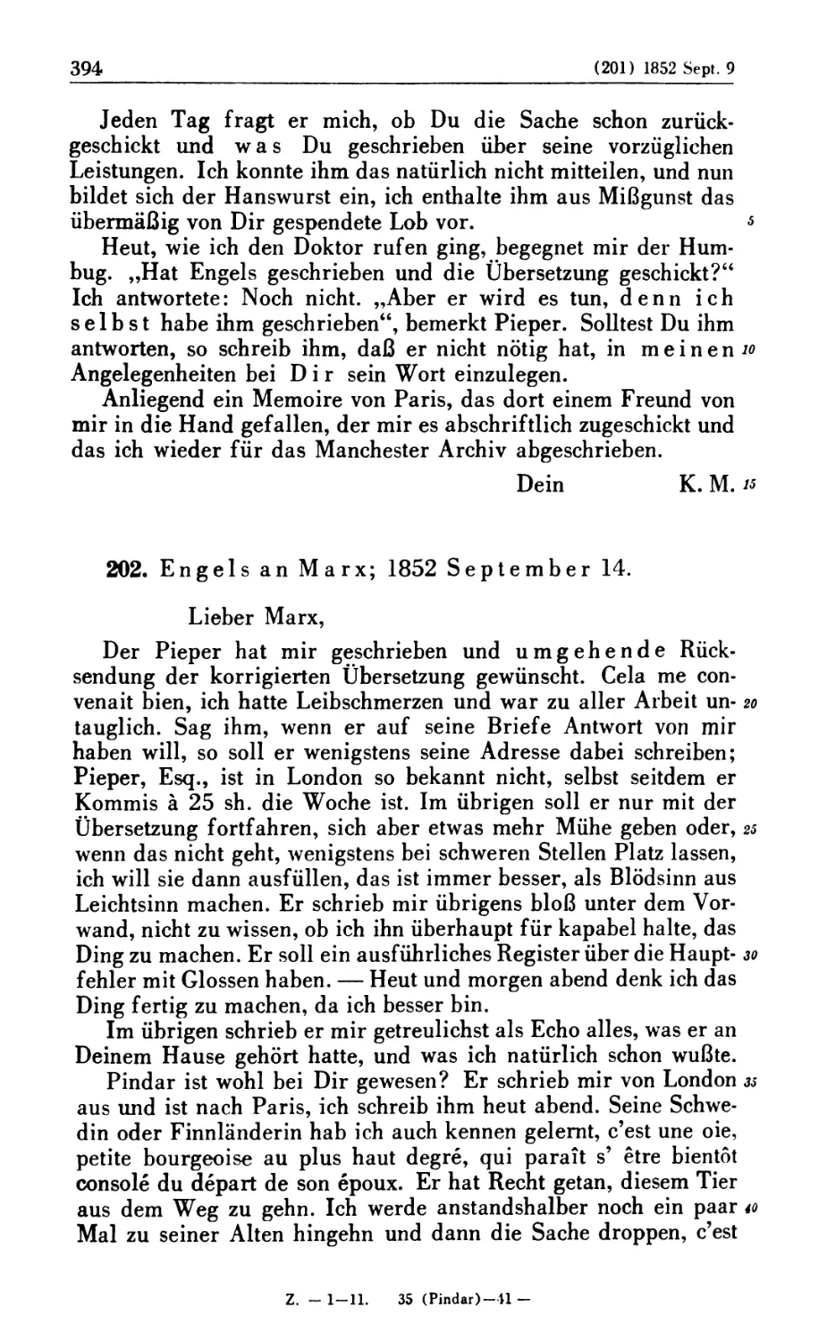 202. Engels an Marx; 1852 September 14