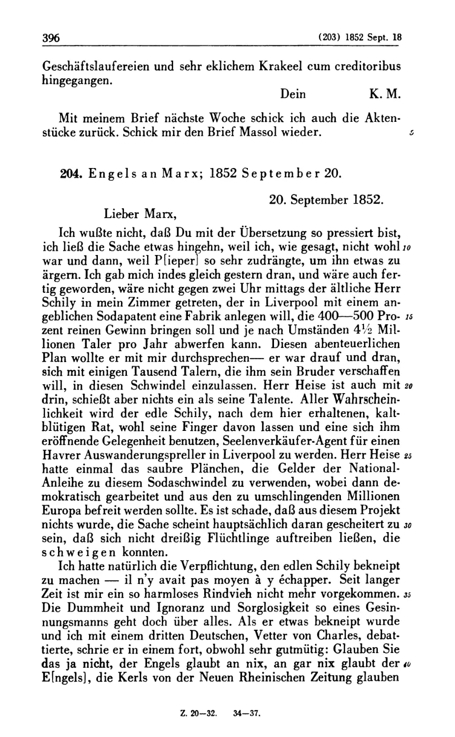 204. Engels an Marx; 1852 September 20