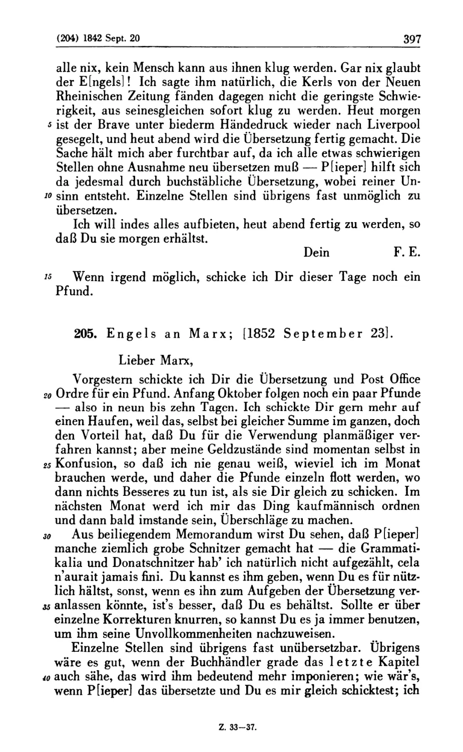 205. Engels an Marx; [1852 September 23]