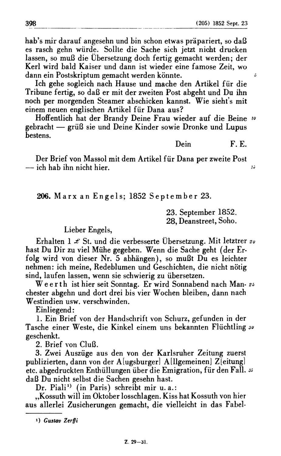 206. Marx an Engels; 1852 September 23