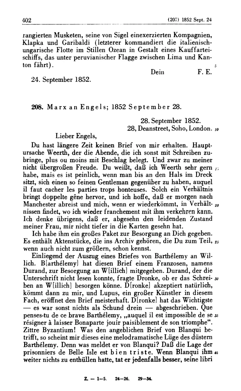 208. Marx an Engels; 1852 September 28