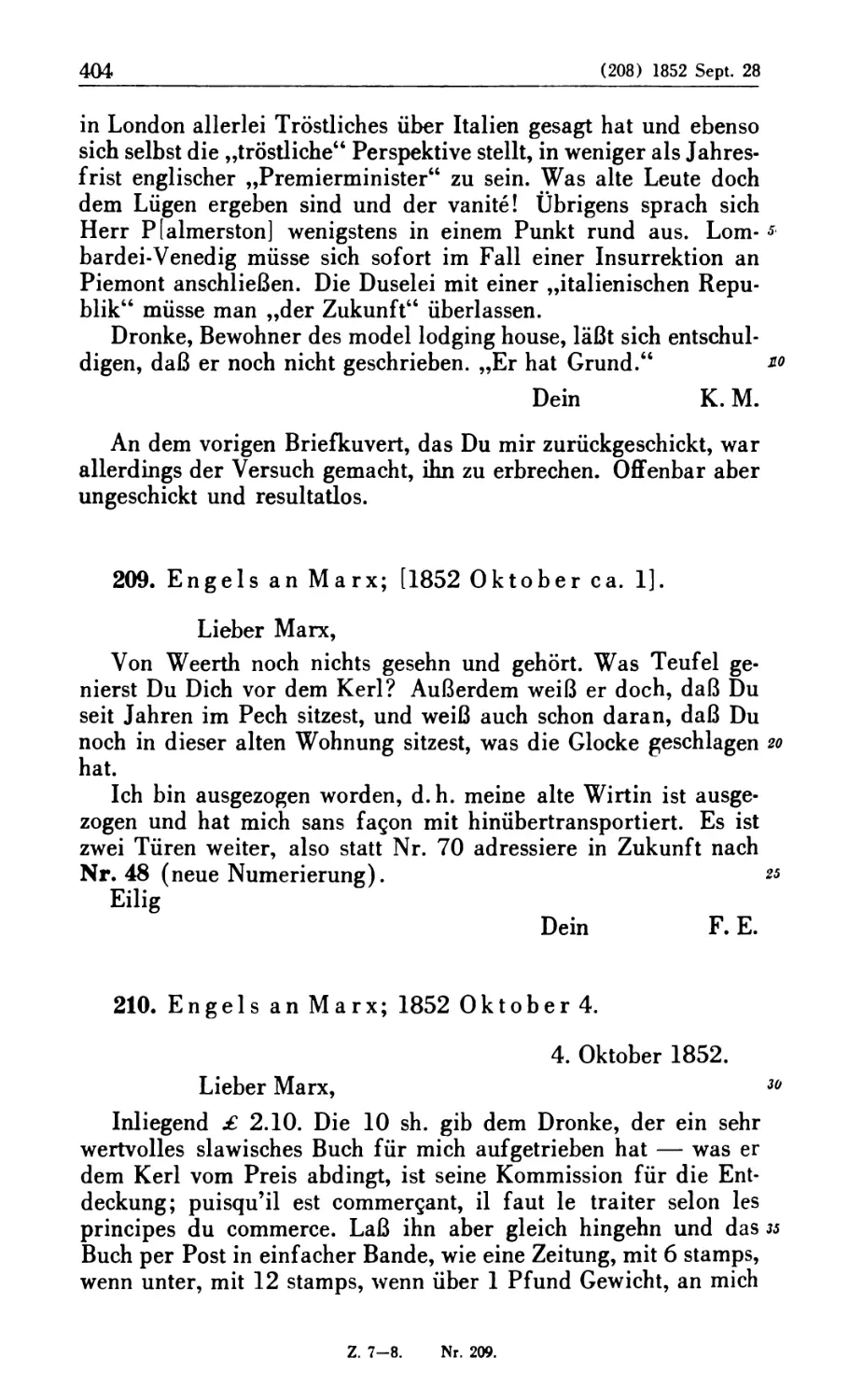 209. Engels an Marx; [1852 Oktober ca. 1]
210. Engels an Marx; 1852 Oktober 4