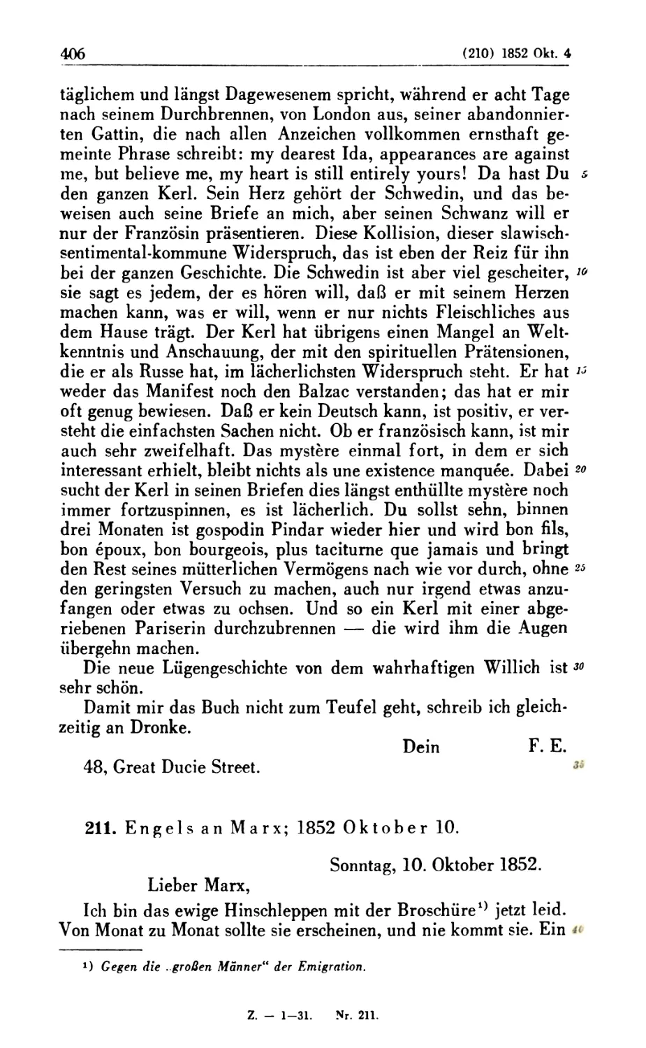 211. Engels an Marx; 1852 Oktober 10
