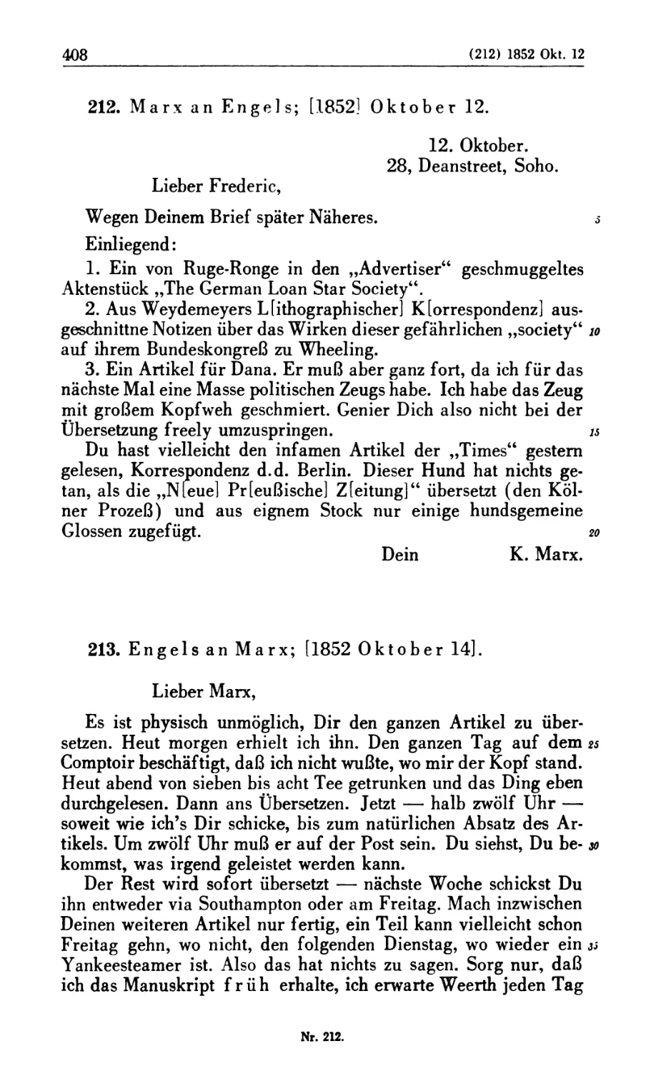 212. Marx an Engels; [1852] Oktober 12
213. Engels an Marx; [1852 Oktober 14]