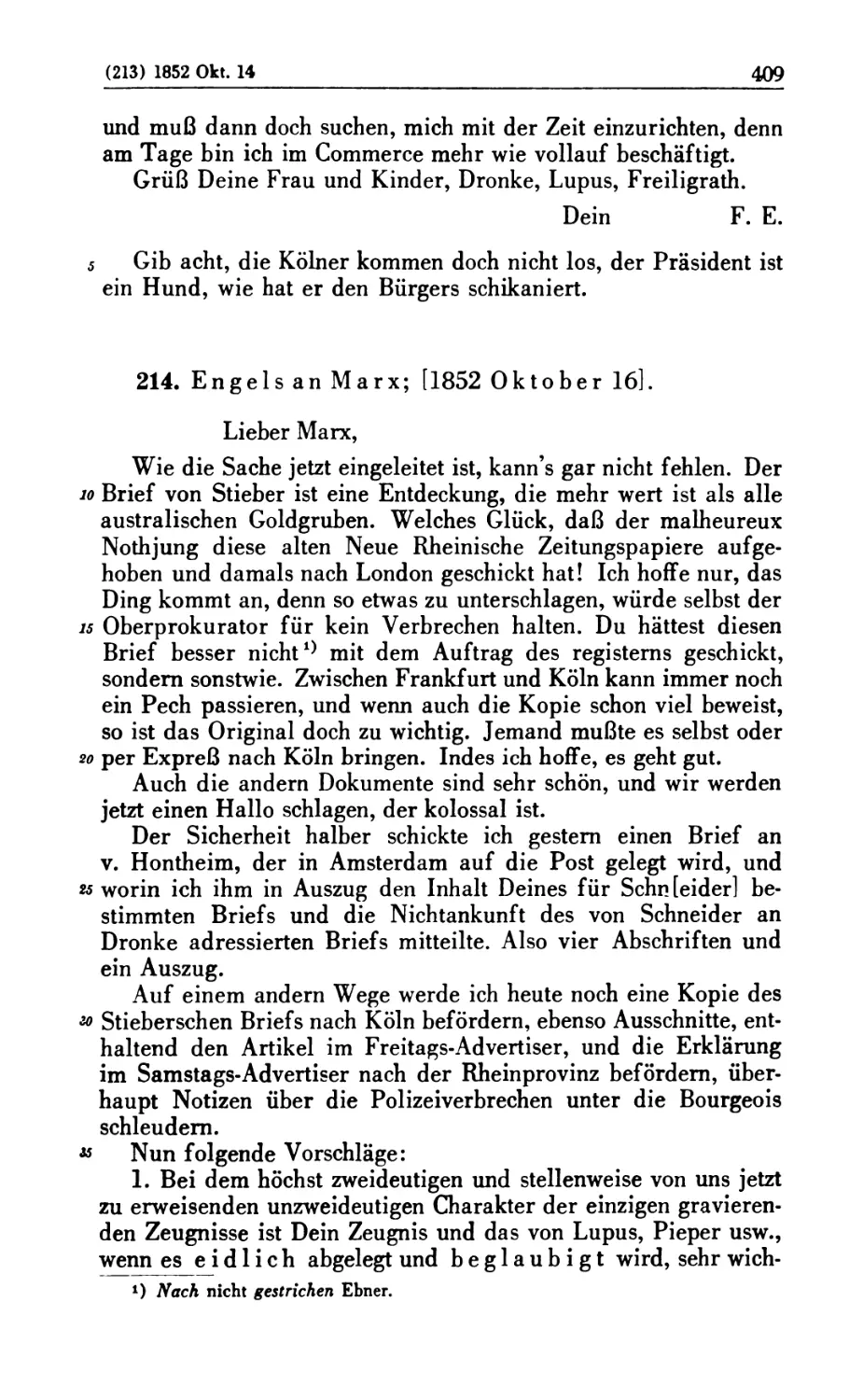 214. Engels an Marx; [1852 Oktober 16]