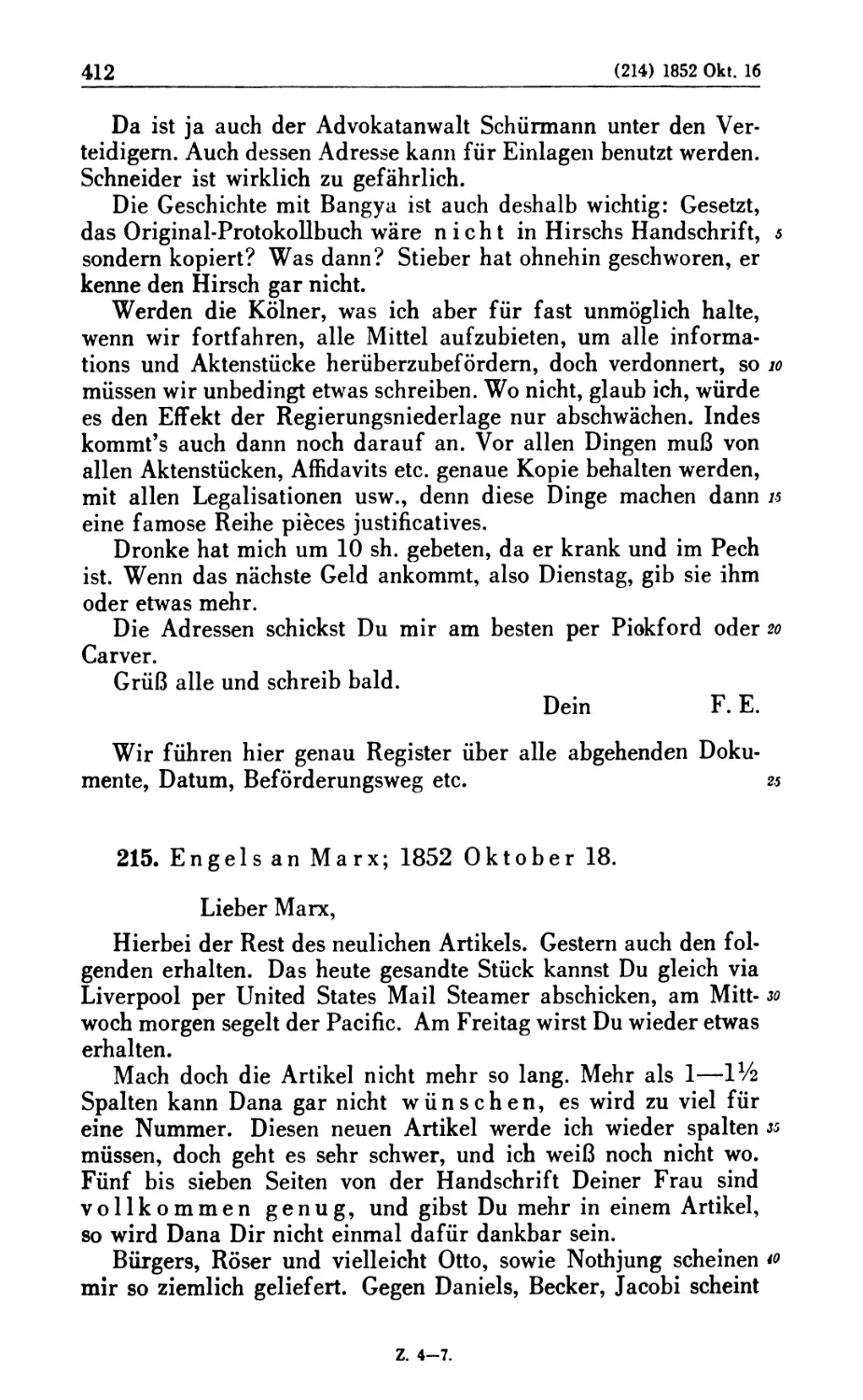 215. Engels an Marx; 1852 Oktober 18