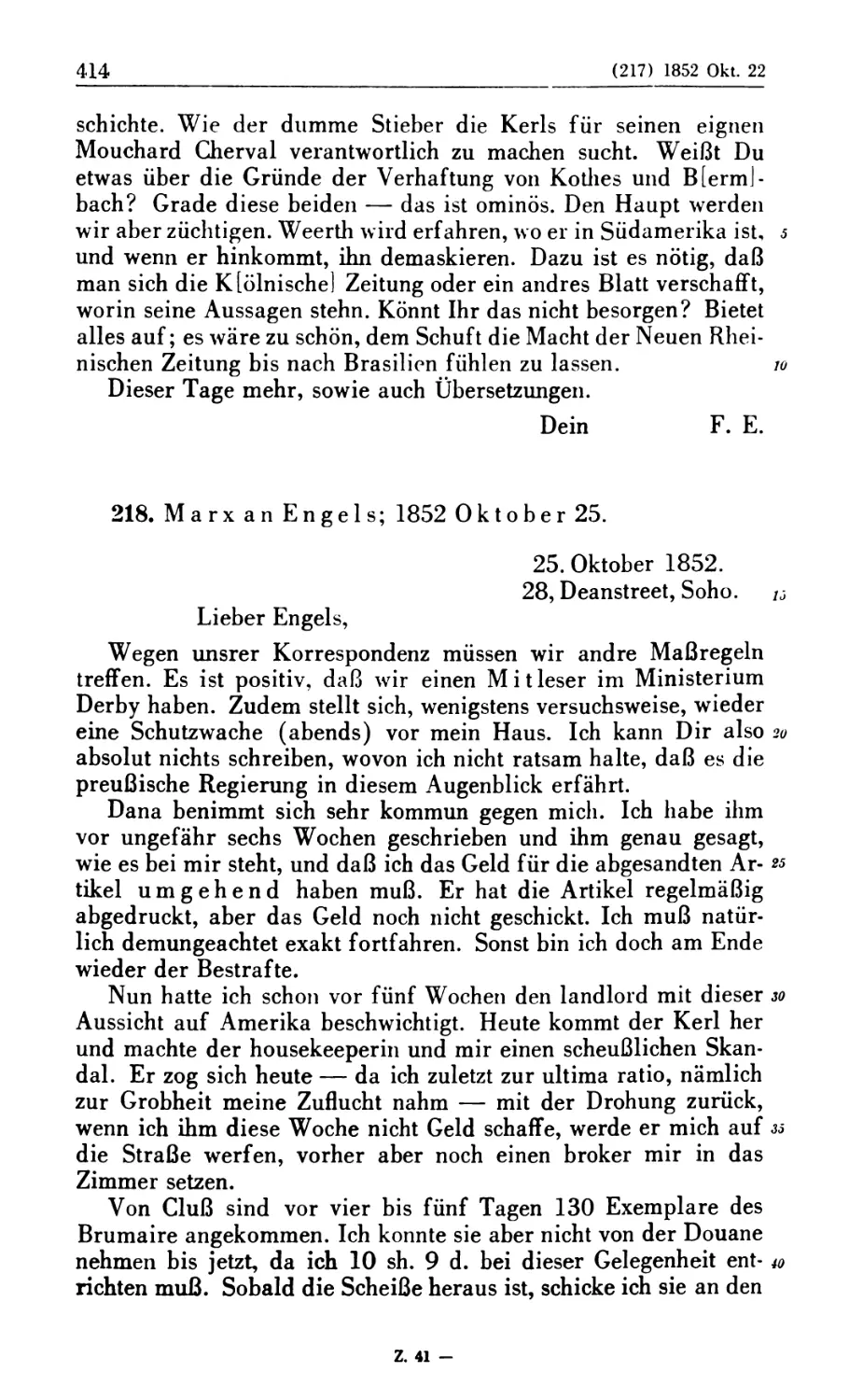 218. Marx an Engels; 1852 Oktober 25