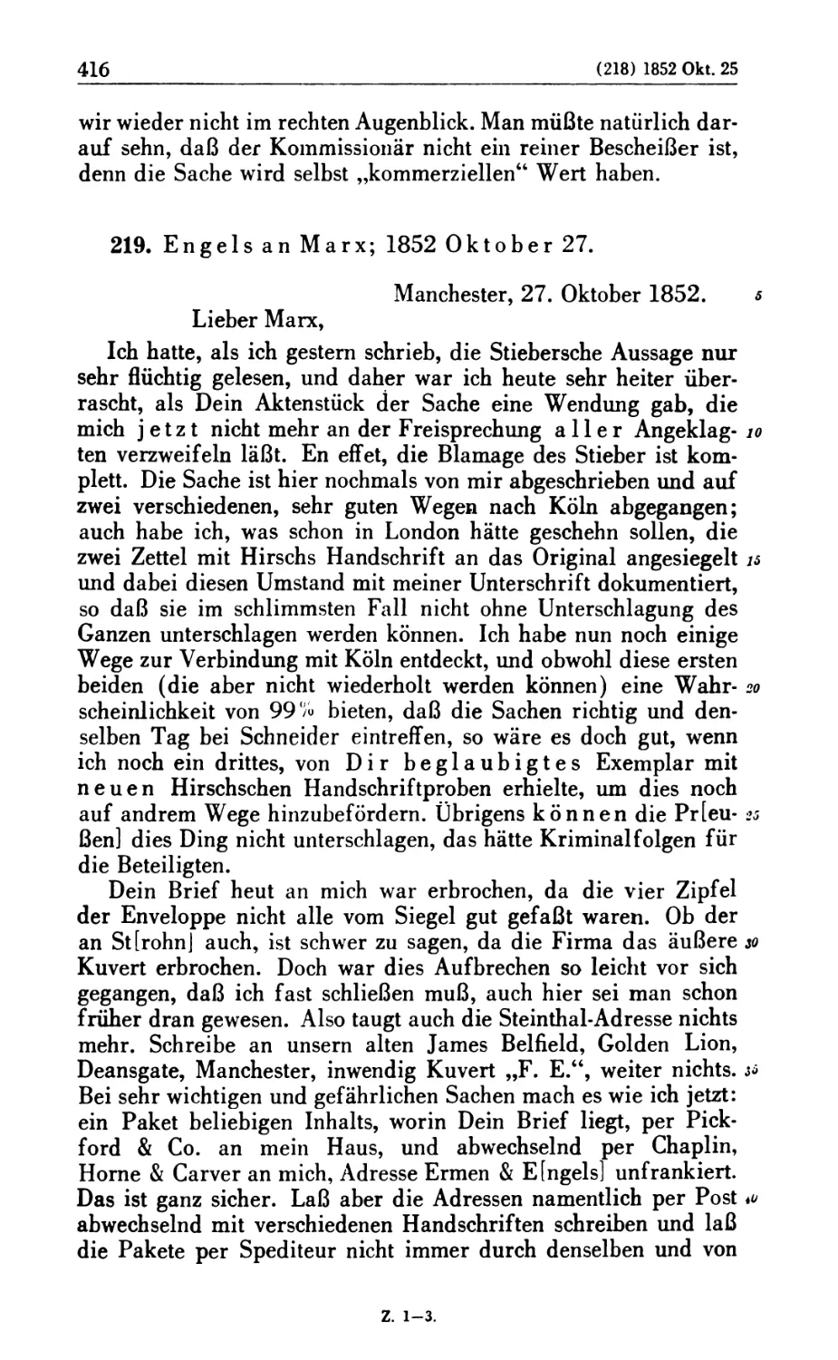 219. Engels an Marx; 1852 Oktober 27