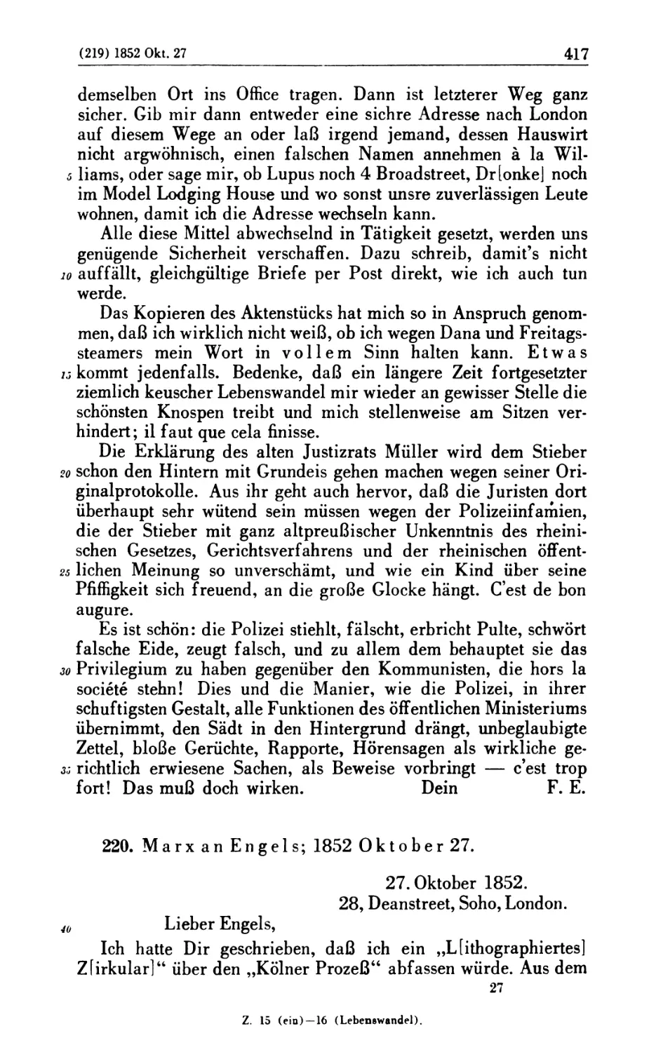 220. Marx an Engels; 1852 Oktober 27