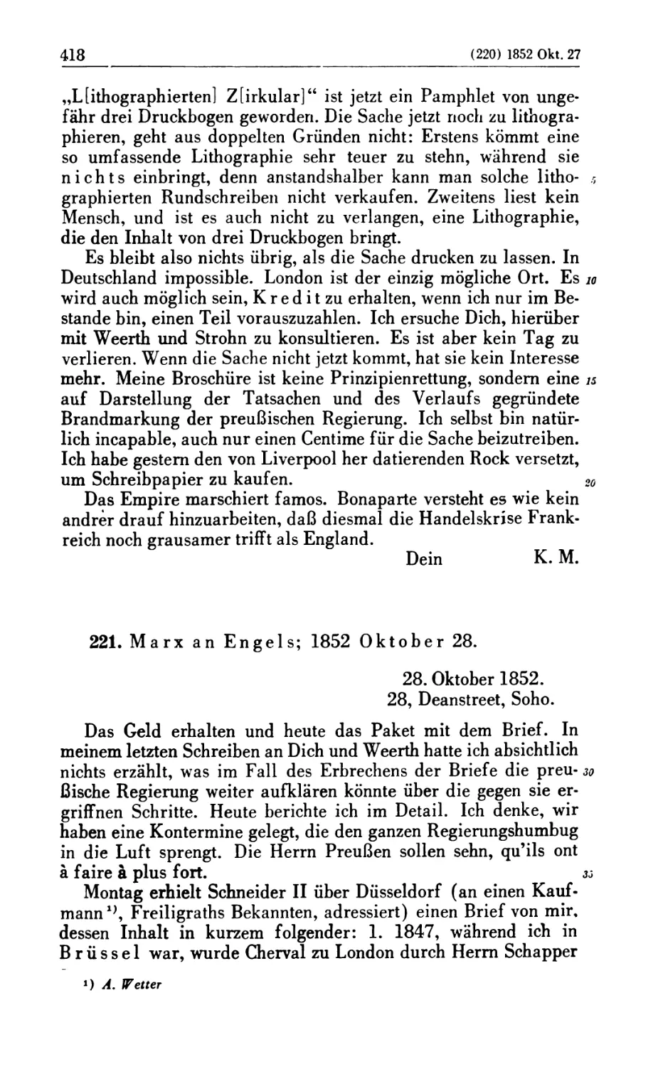 221. Marx an Engels; 1852 Oktober 28