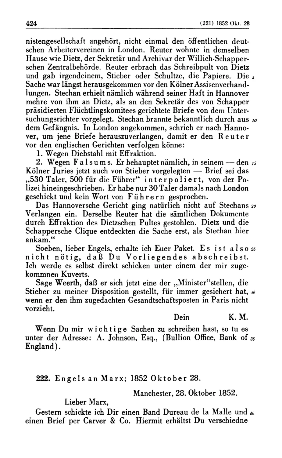 222. Engels an Marx; 1852 Oktober 28