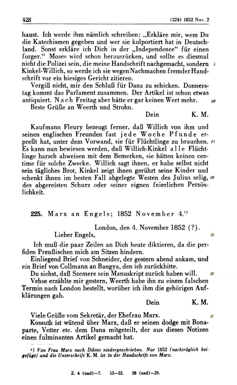 225. Marx an Engels; 1852 November 4