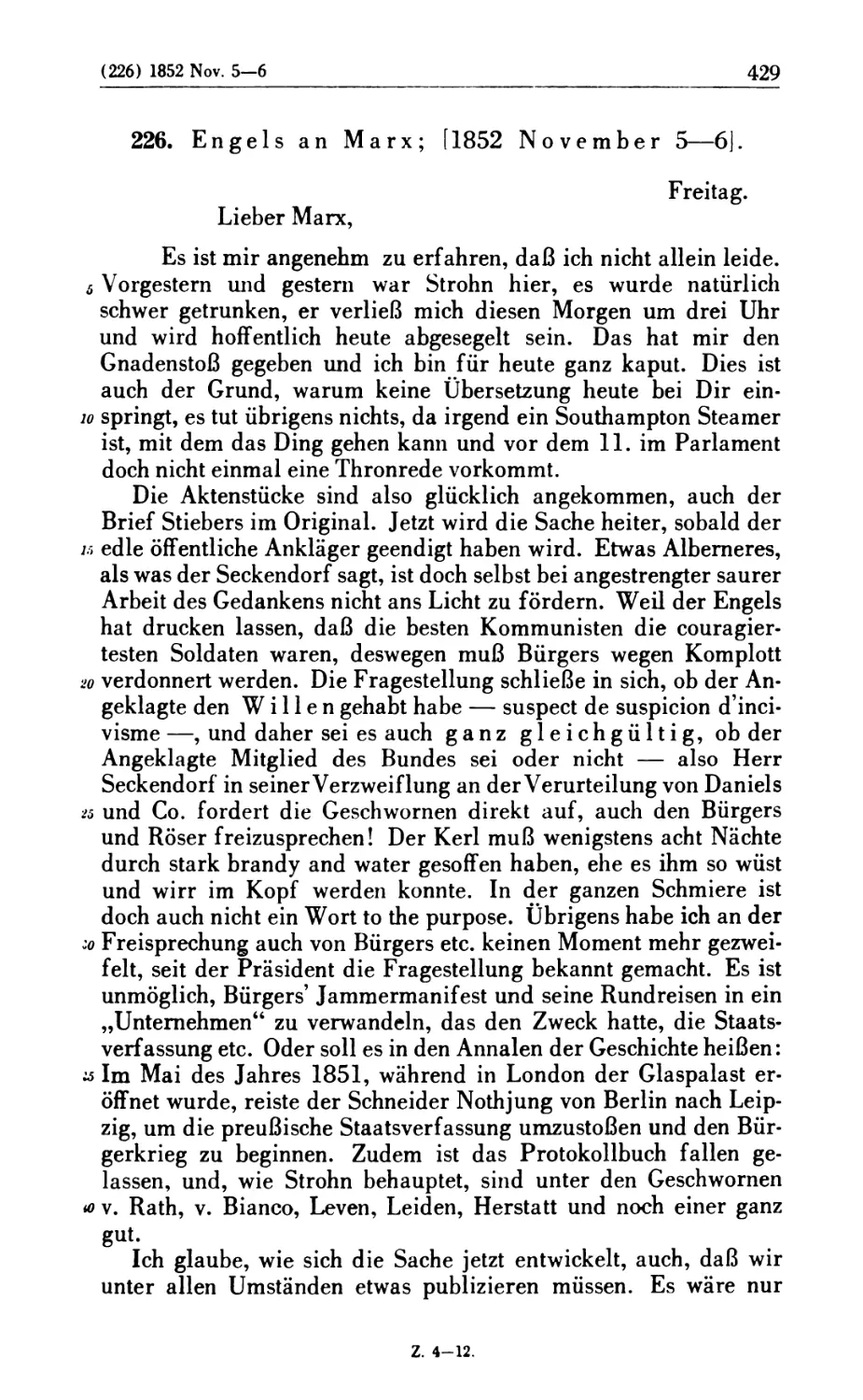 226. Engels an Marx; [1852 November 5—6]