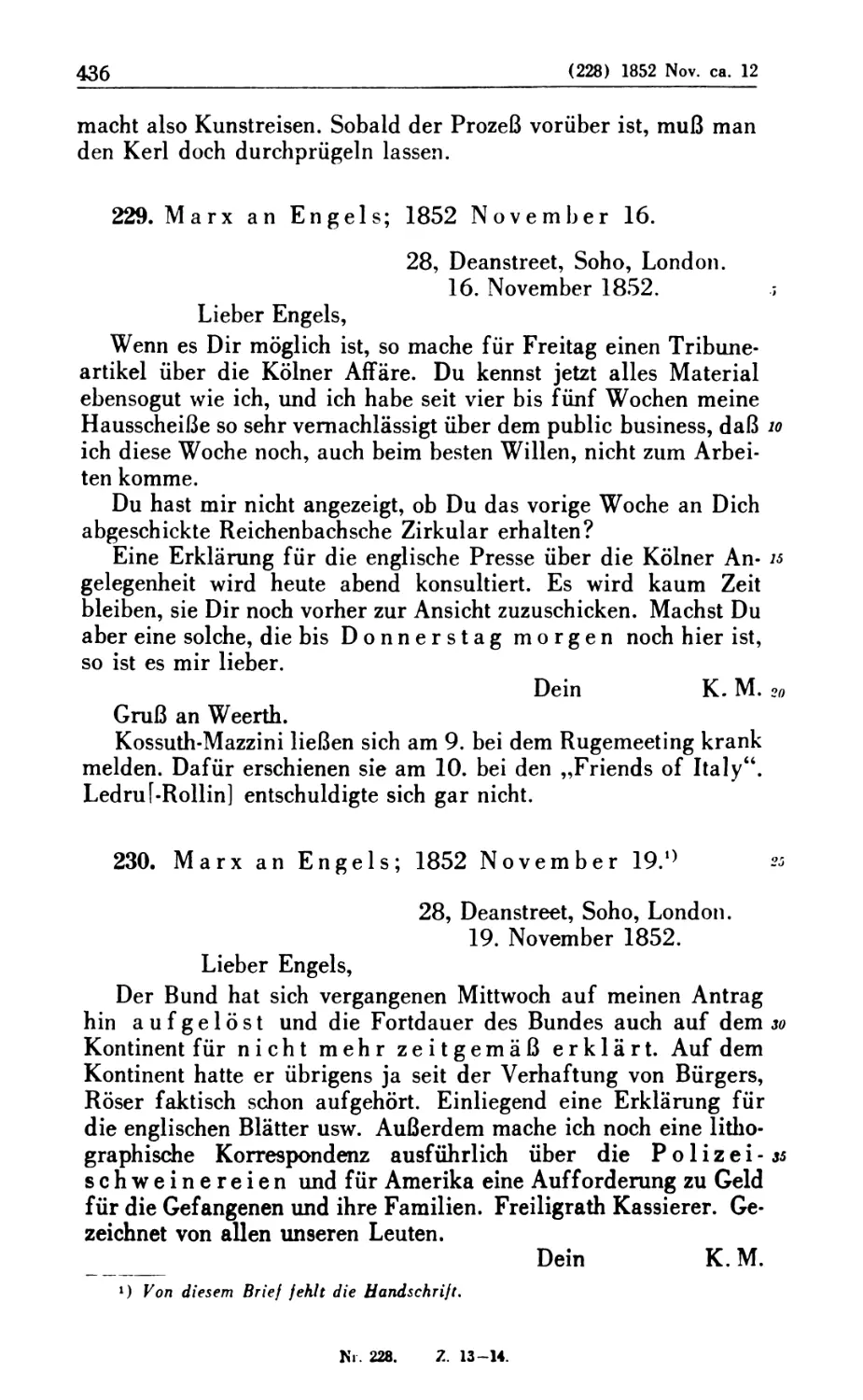 229. Marx an Engels; 1852 November 16
230. Marx an Engels; 1852 November 19