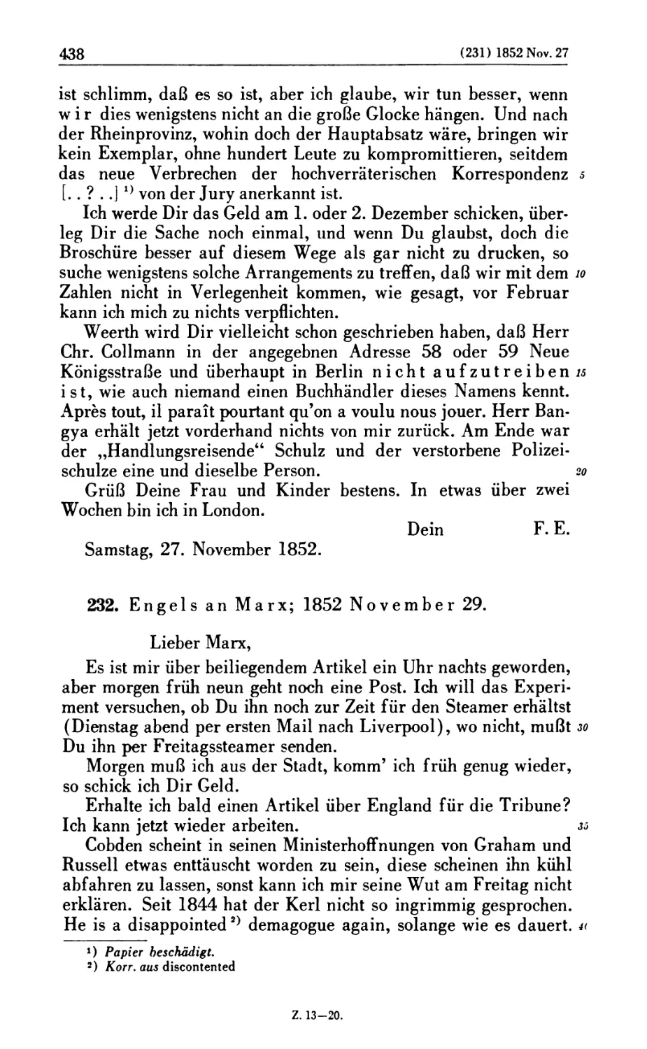 232. Engels an Marx; 1852 November 29