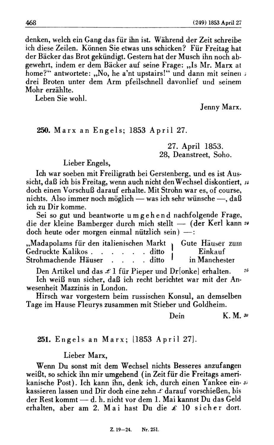 250. Marx an Engels; 1853 April 27
251. Engels an Marx; [1853 April 27]