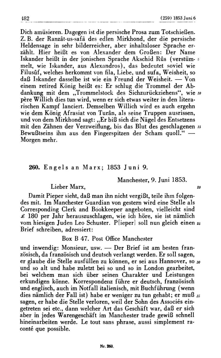 260. Engels an Marx; 1853 Juni 9