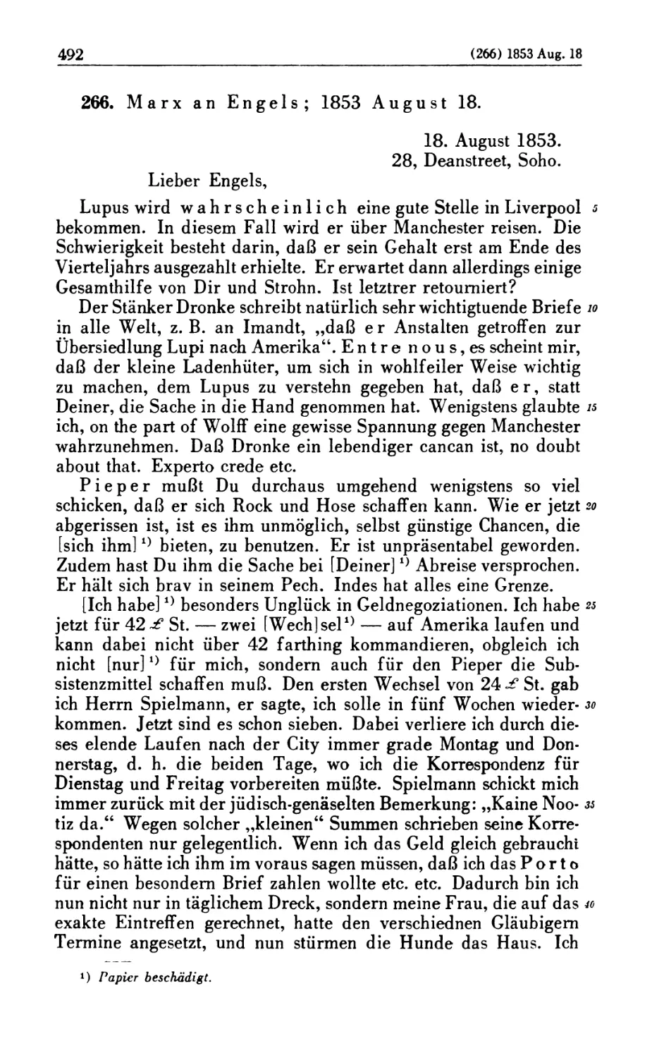 266. Marx an Engels; 1853 August 18