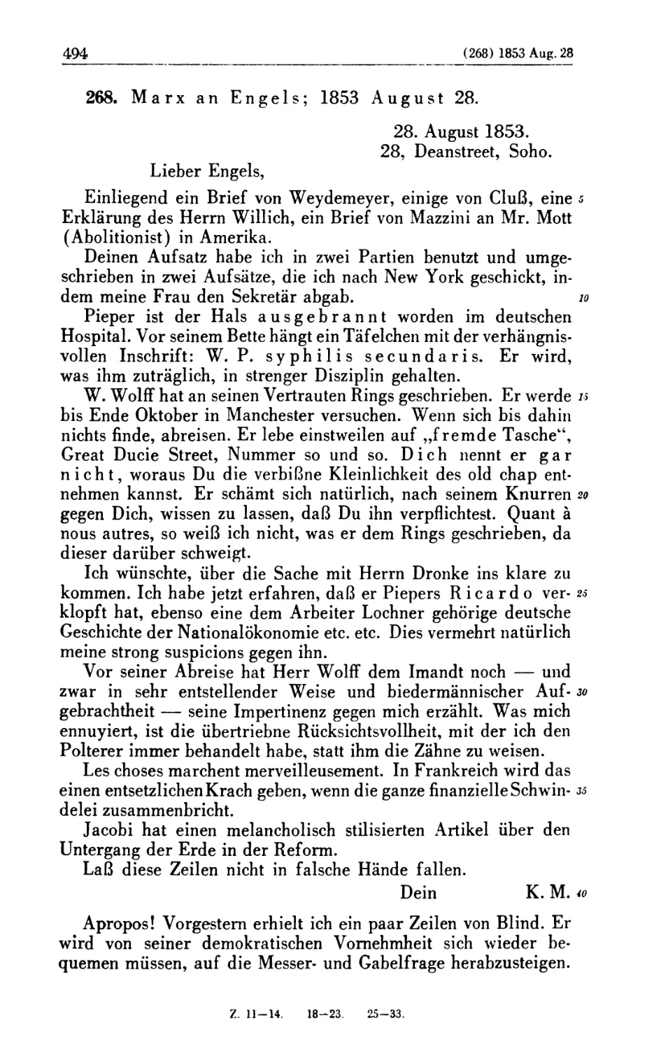 268. Marx an Engels; 1853 August 28