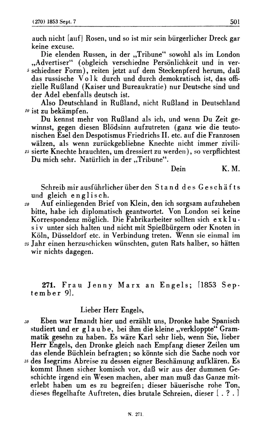 271. Frau Jenny Marx an Engels; [1853 September 9]