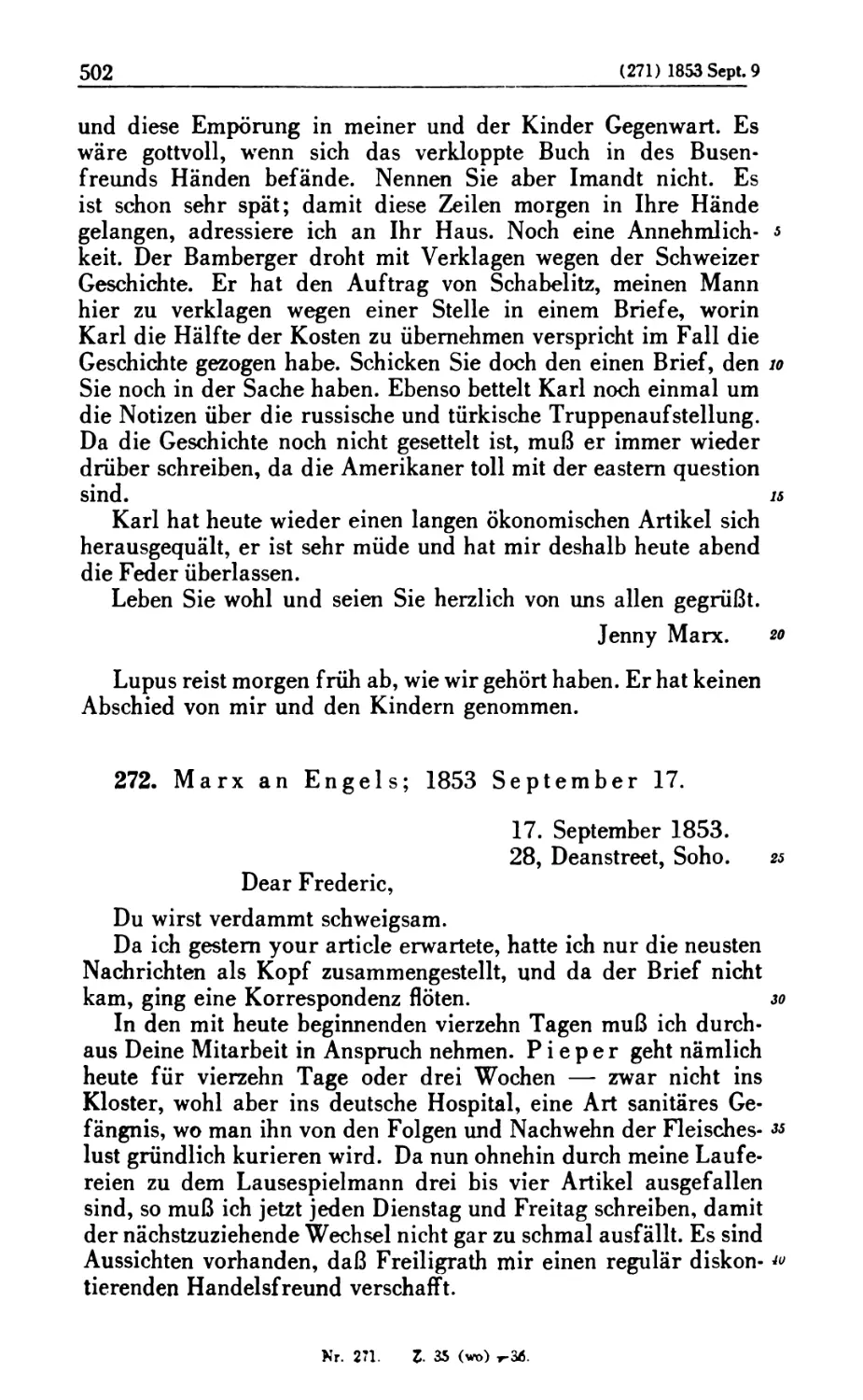 272. Marx an Engels; 1853 September 17