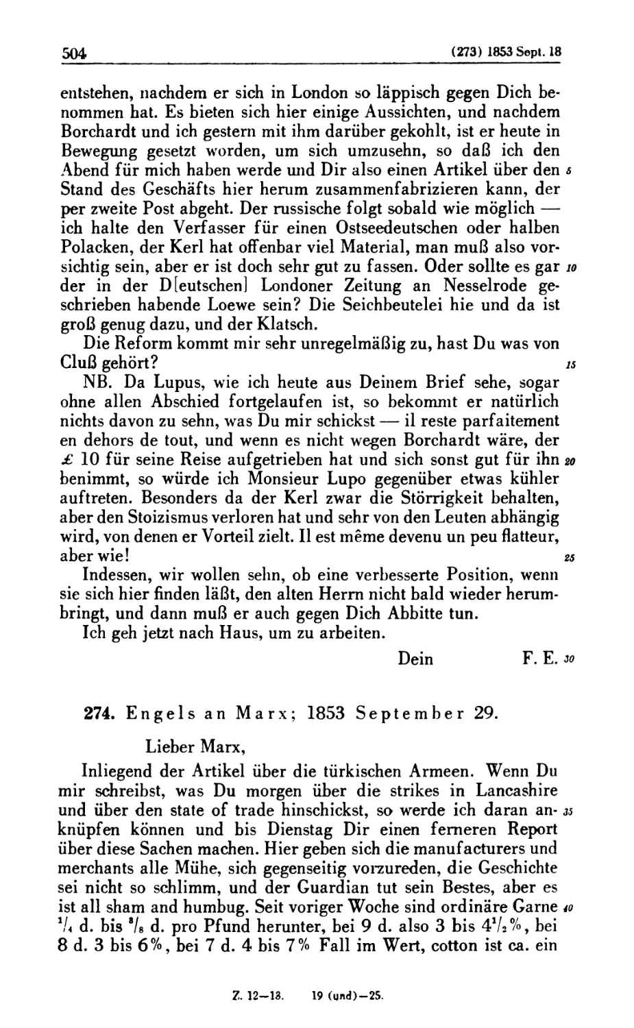 274. Engels an Marx; 1853 September 29