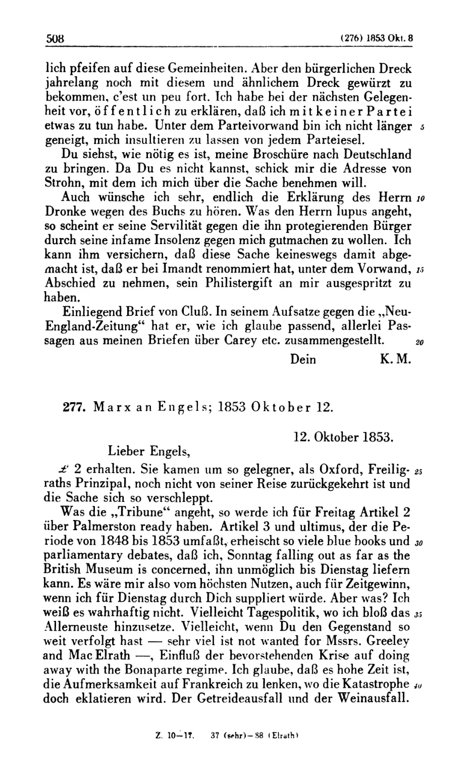 277. Marx an Engels; 1853 Oktober 12