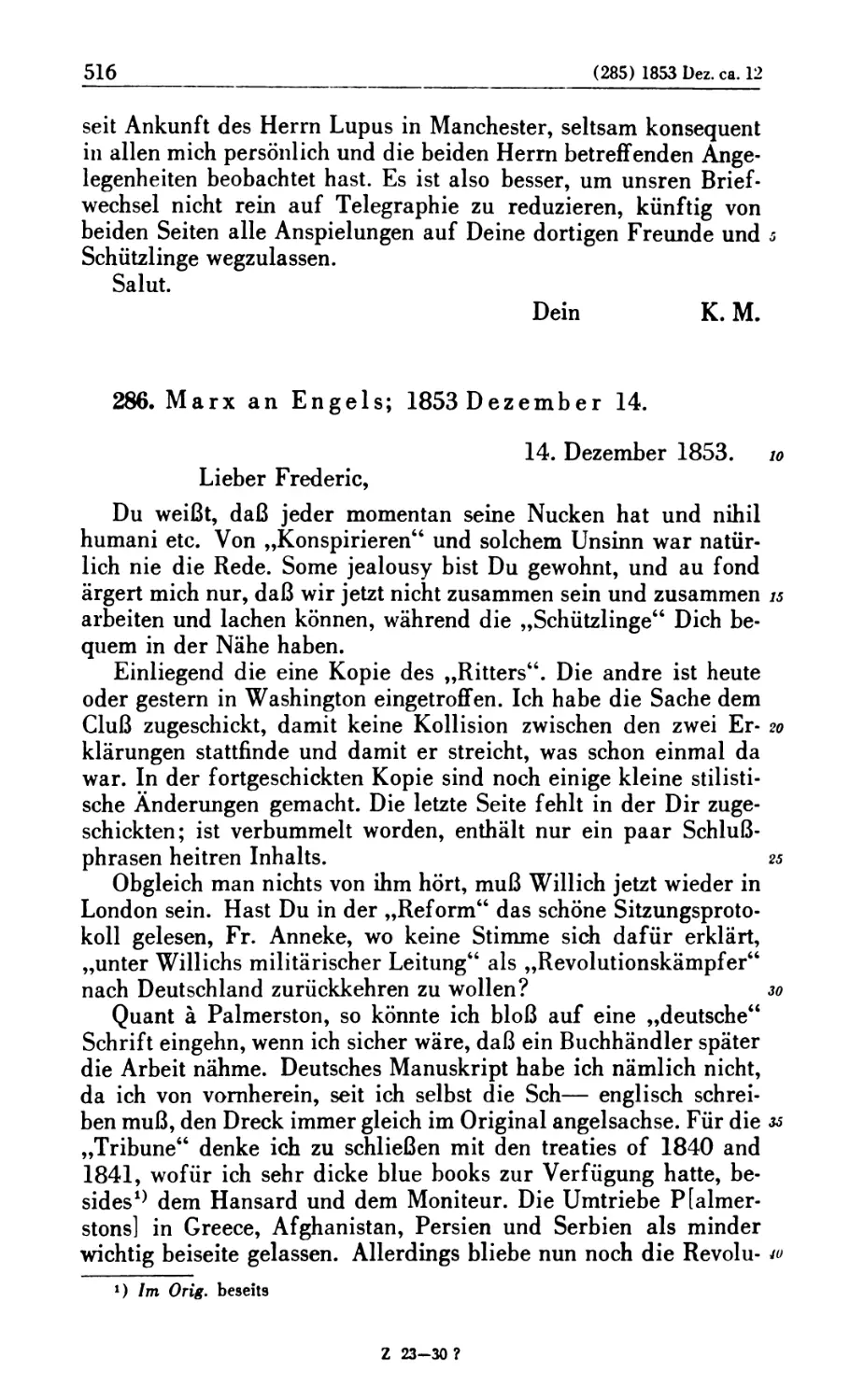 286. Marx an Engels; 1853 Dezember 14
