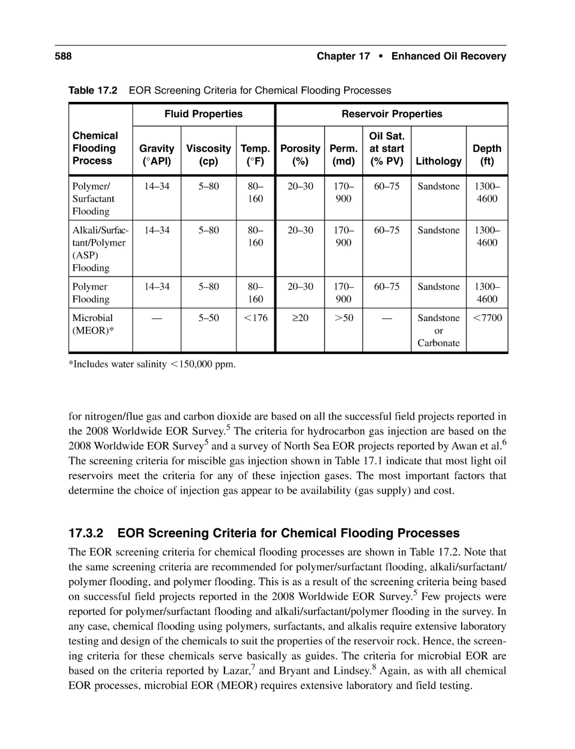 17.3.2 EOR Screening Criteria for Chemical Flooding Processes