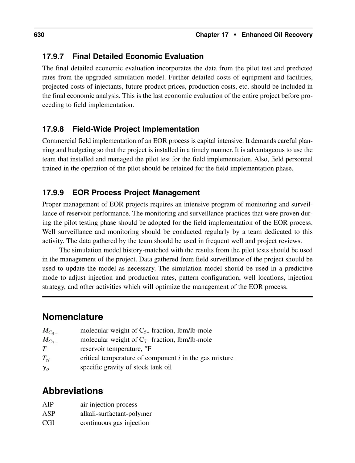 17.9.7 Final Detailed Economic Evaluation
17.9.8 Field-Wide Project Implementation
17.9.9 EOR Process Project Management
Nomenclature
Abbreviations