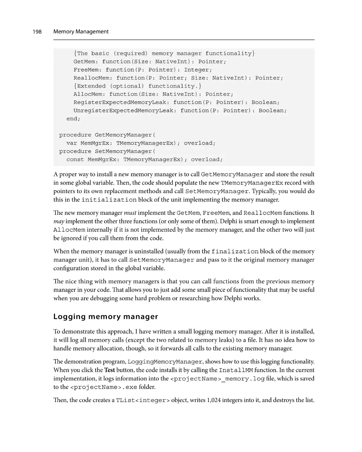 Logging memory manager