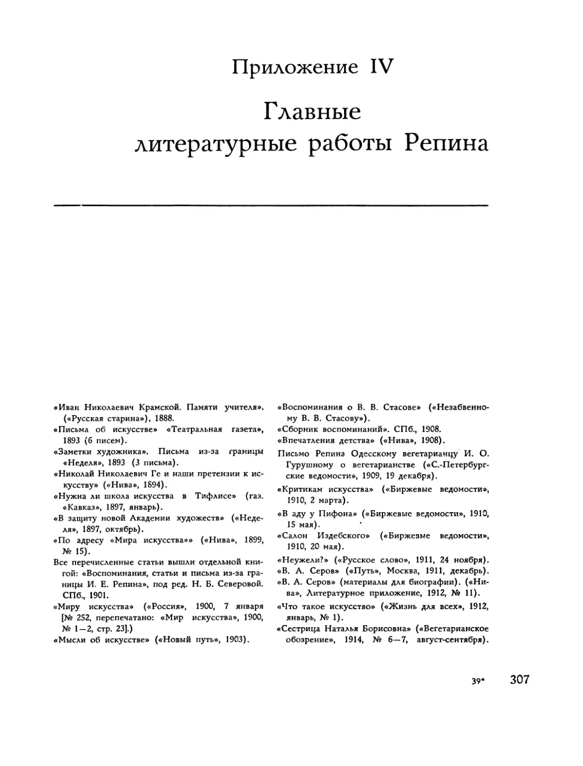 Приложение IV Г лавные литературные работы Репина