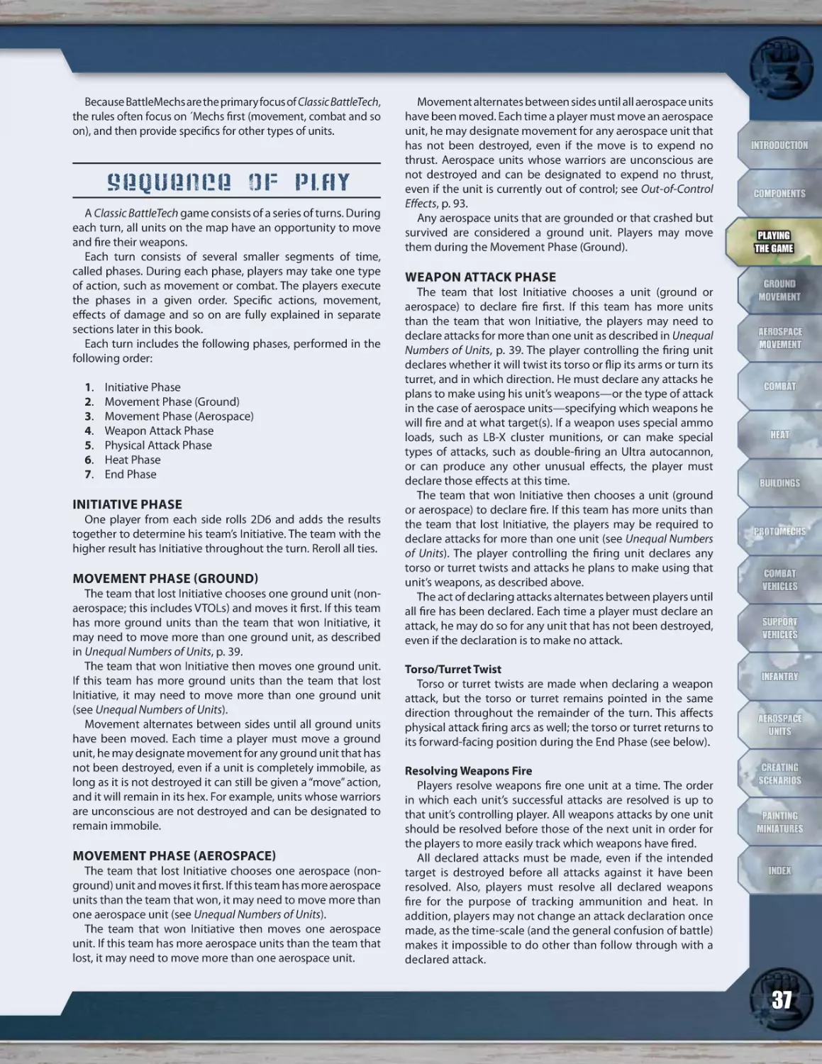 Sequence of Play
Initiative Phase
Movement Phase (Ground)
Movement Phase (Aerospace)
Weapon Attack Phase