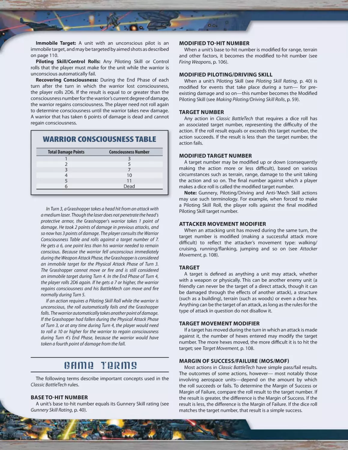 Game Terms
Base To-Hit Number
Modified To-Hit Number
Modified Piloting/Driving Skill
Target Number
Modified Target Number
Attacker Movement Modifier
Target
Target Movement Modifier
Margin of Success/Failure (MoS/MoF)