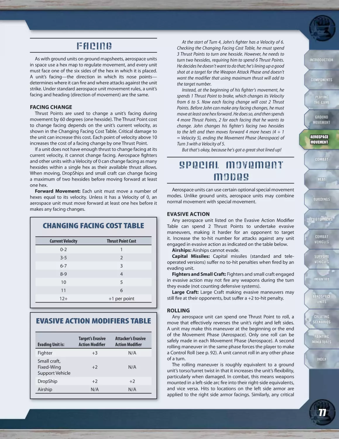 Facing
Facing Change
Special Movement Modes
Evasive Action
Rolling