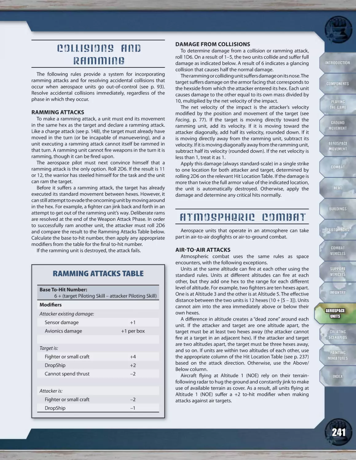 Collisions and Ramming
Ramming Attacks
Damage from Collisions
Atmospheric Combat
Air-to-Air Attacks